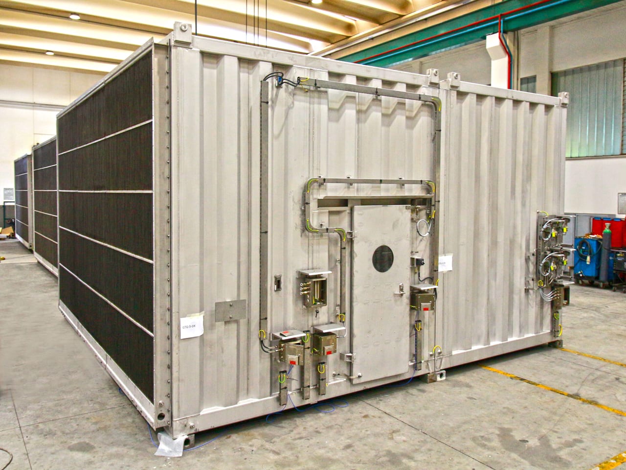 Gas turbine air intake filter house with inlet louvres in the workshop